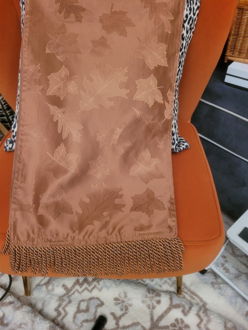 Vintage Autumn Harvest Jacquard Table Runner - Copper Bronze Rust Maple Leaf